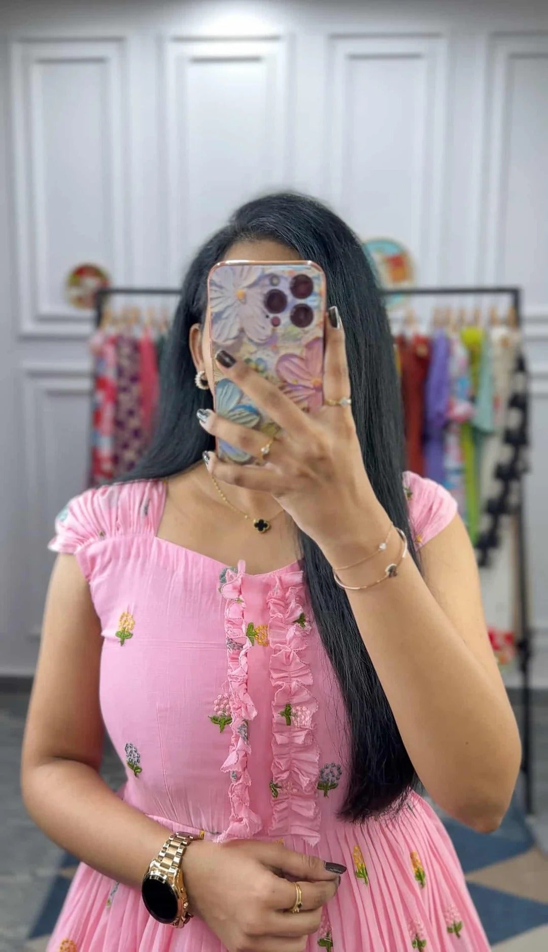 Elegant Pink Floral Midi Dress for Women Premium Casual Wear