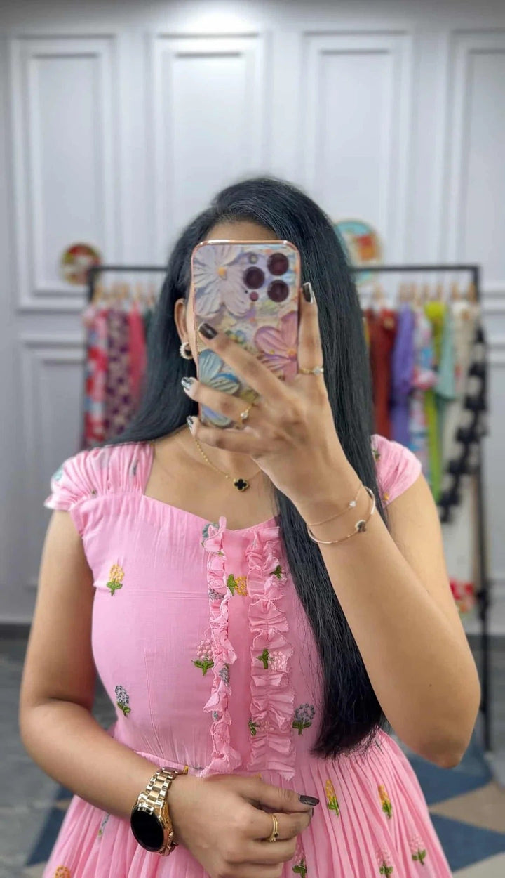 Elegant Pink Floral Midi Dress for Women Premium Casual Wear