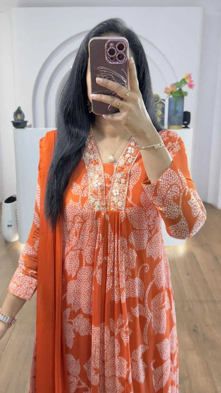 Elegant Orange Floral Kurta Set for Women Premium Ethnic Wear