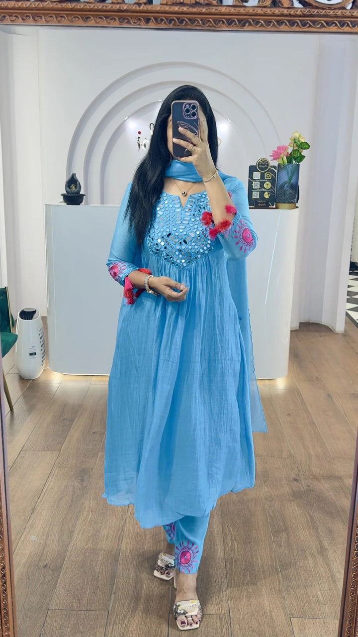 Elegant Sky Blue Embroidered Kurta Set for Women | Premium Ethnic Wear Xaveille Stylish Blue Traditional Suit with Dupatta Festive Fashion Collection