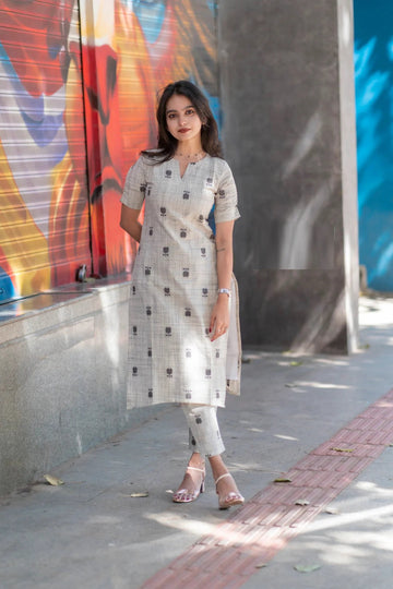 Off White Printed Cotton Kurta Set with Pants