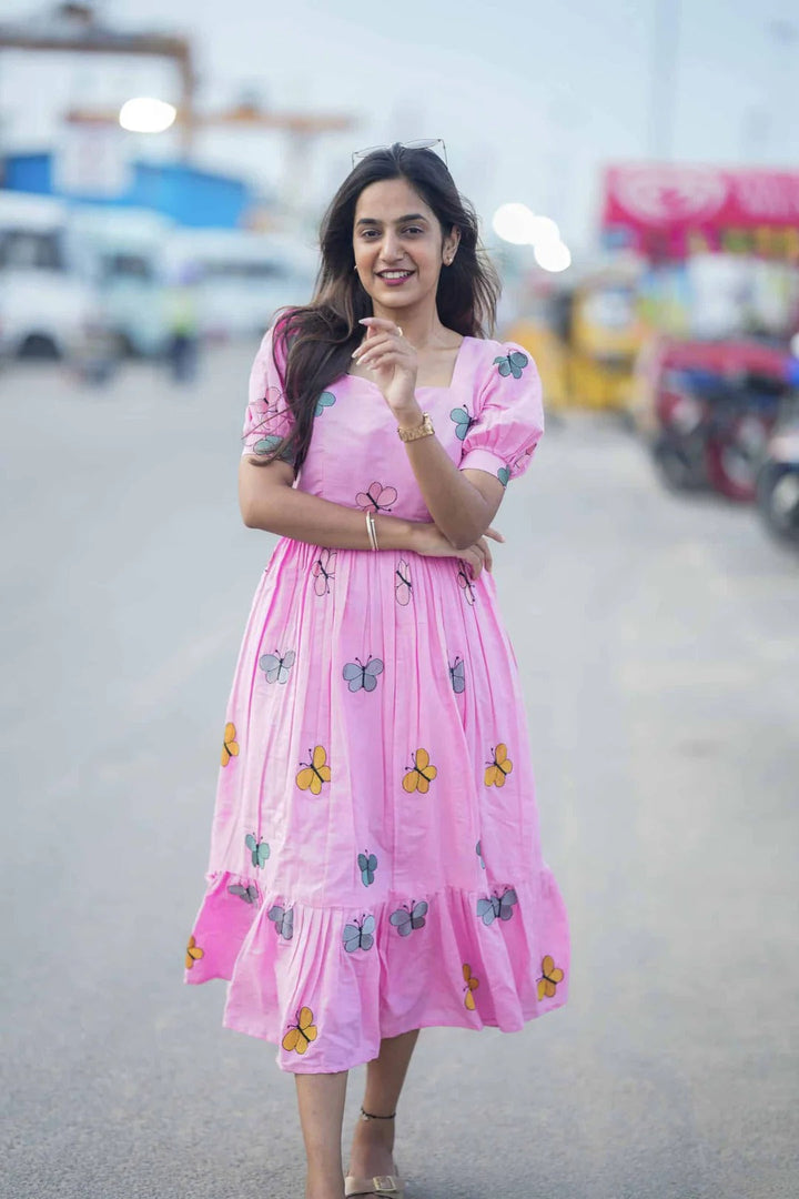 Elegant Pink Floral Midi Dress for Women Premium Casual Wear