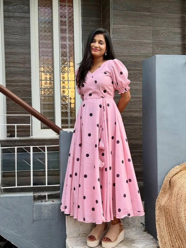 Elegant Pink Polka Dot Midi Dress for Women Premium Casual Wear