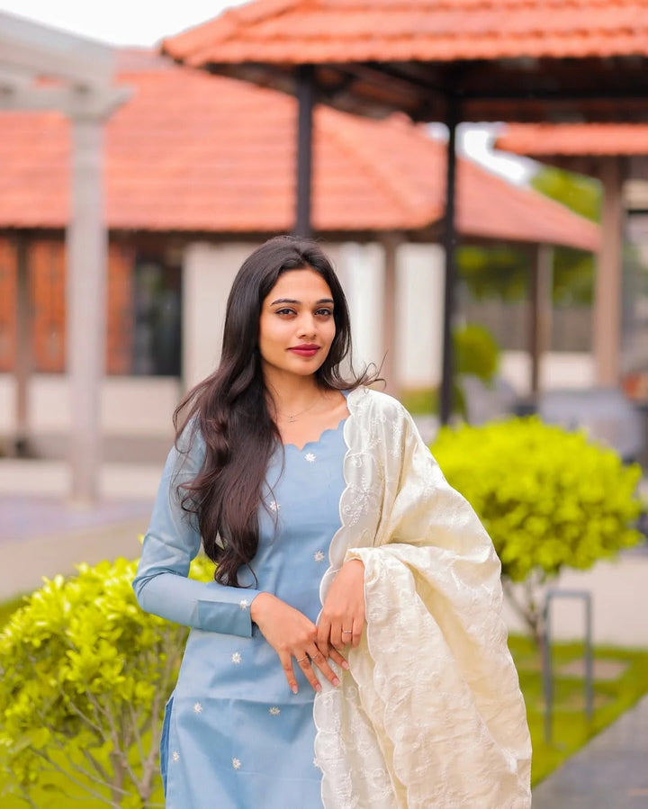 Sky Blue Kurta Set for Women with White Dupatta Elegant Ethnic Wear