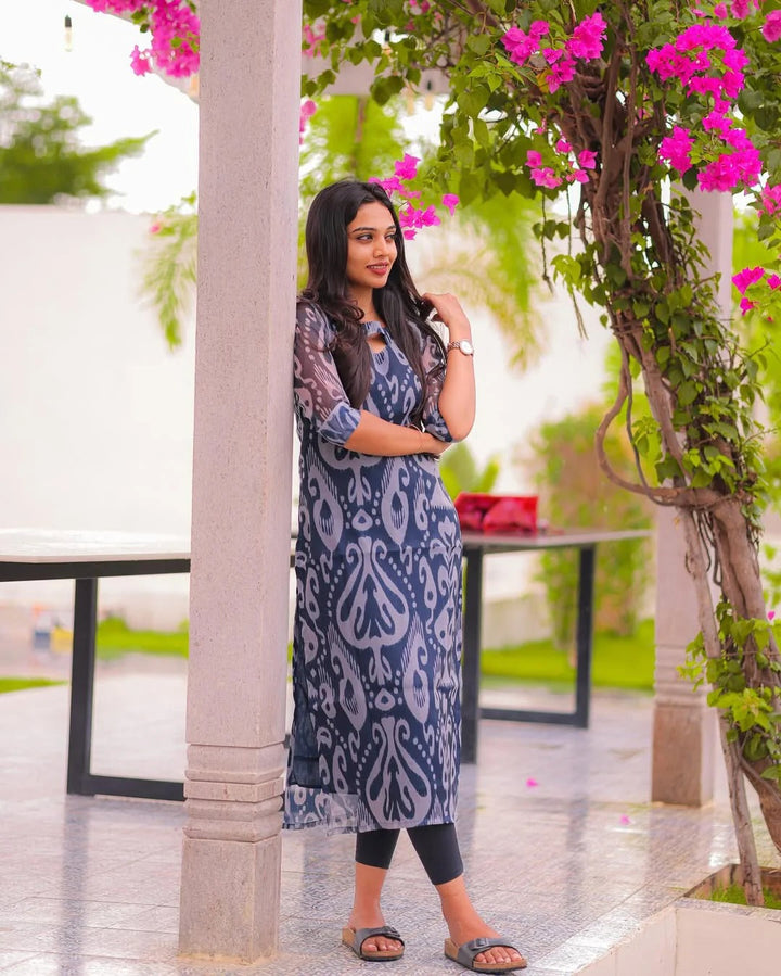 Navy Blue Printed Kurta Set for Women Elegant Ethnic Wear
