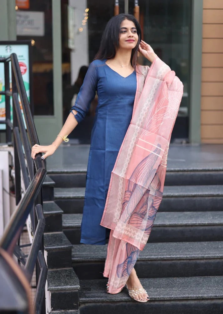 Elegant Blue Kurta Set with Pink Dupatta Premium Ethnic Wear