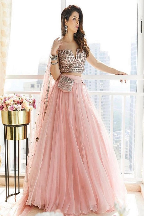 Pastel Peach Embroidered Designer Lehenga Choli