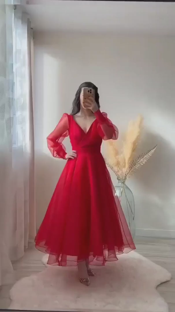 Elegant Red Flared Party Wear Gown with Sheer Sleeves