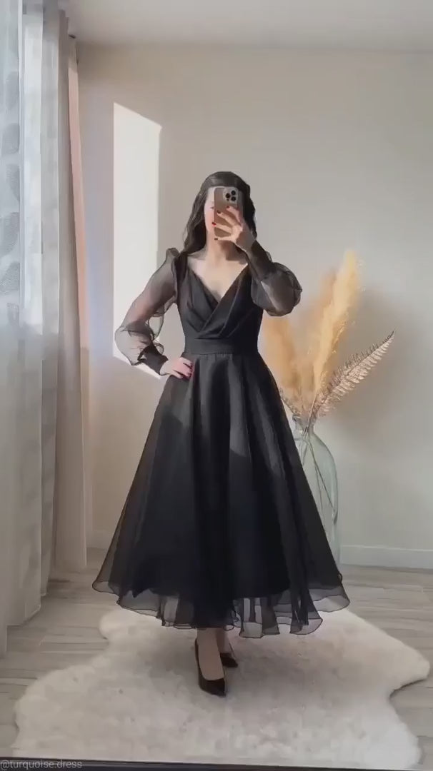 Classic Black Flared Party Wear Gown with Sheer Sleeves