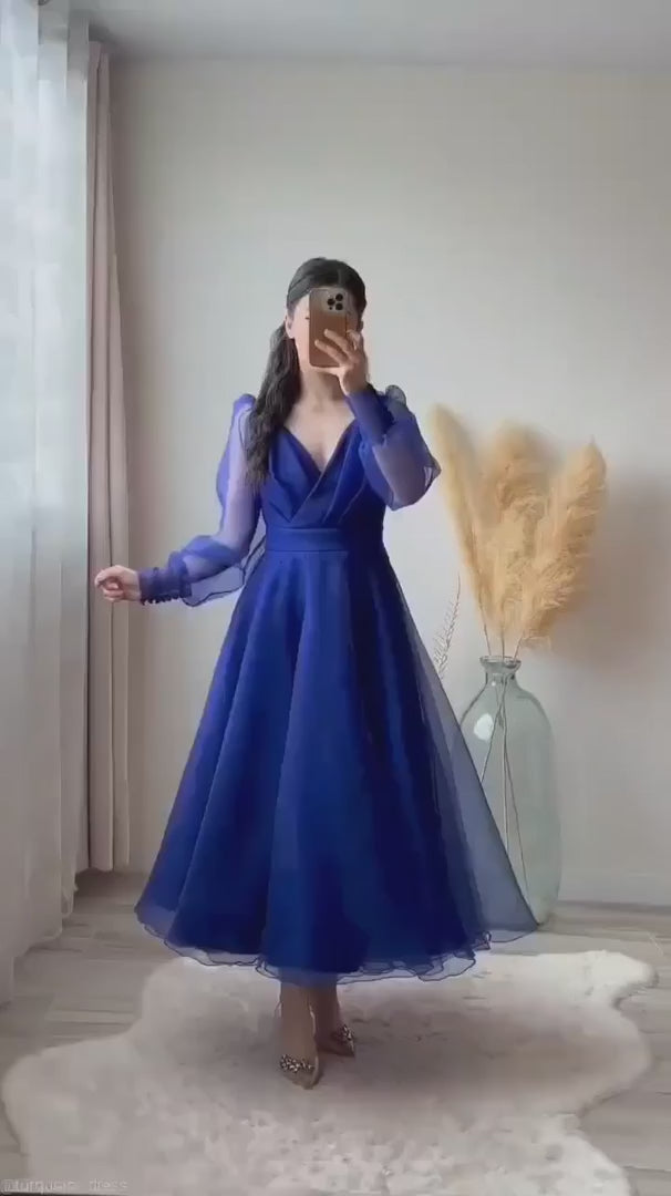 Elegant Royal Blue Flared Party Wear Gown