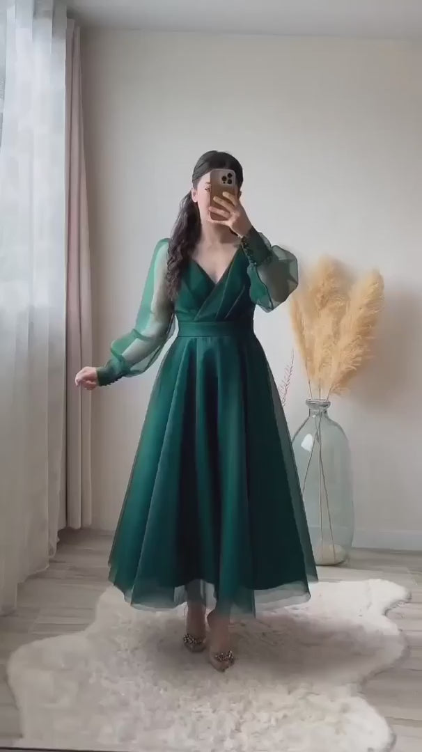 Emerald Green Flared Party Wear Gown with Sheer Sleeves