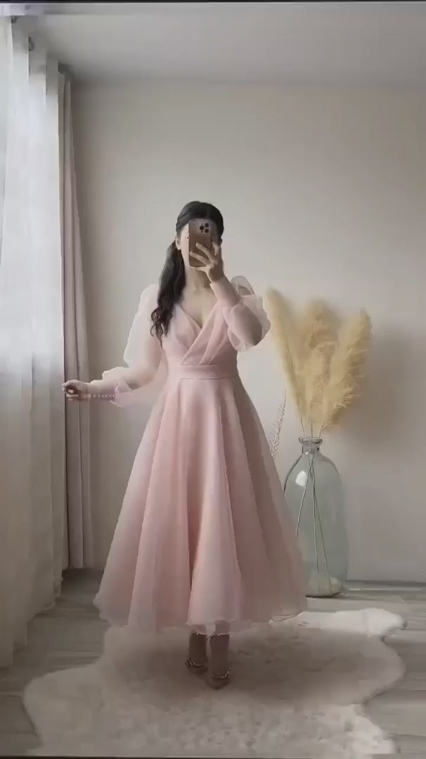 Blush Pink Flared Party Wear Gown with Sheer Sleeves
