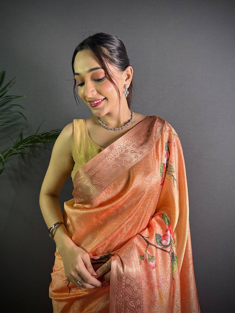 Peach Linen Silk Saree with Floral Print & Zari Border