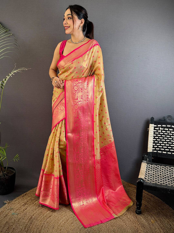 Golden Banarasi Silk Saree with Hot Pink Zari Border & Heart Motif Weaving