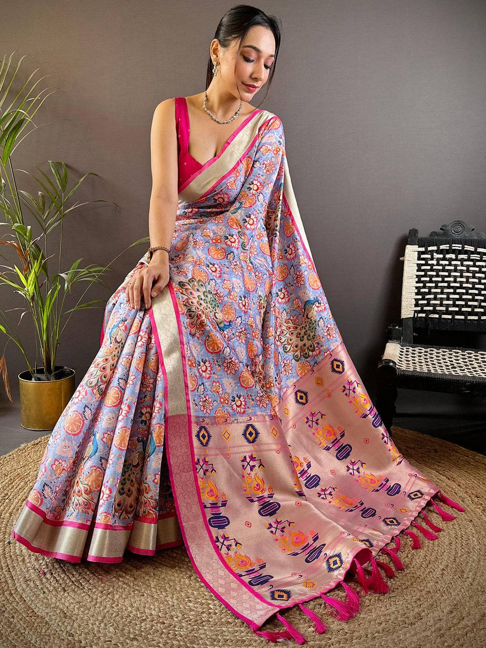 Pink & Lavender Printed Linen Silk Saree with Tassels and Abstract Floral Design