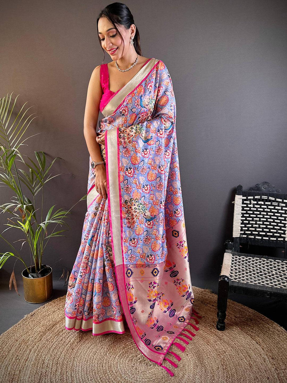 Pink & Lavender Printed Linen Silk Saree with Tassels and Abstract Floral Design