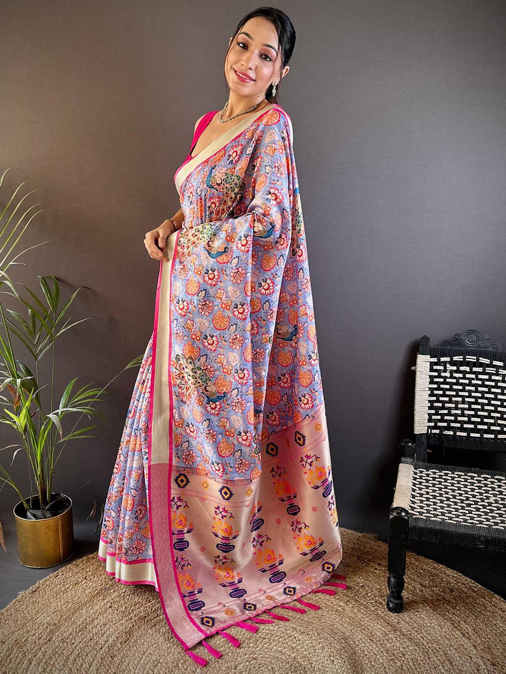 Pink & Lavender Printed Linen Silk Saree with Tassels and Abstract Floral Design