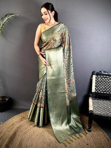 Sage Green Soft Silk Saree with Floral Digital Print & Zari Woven Border