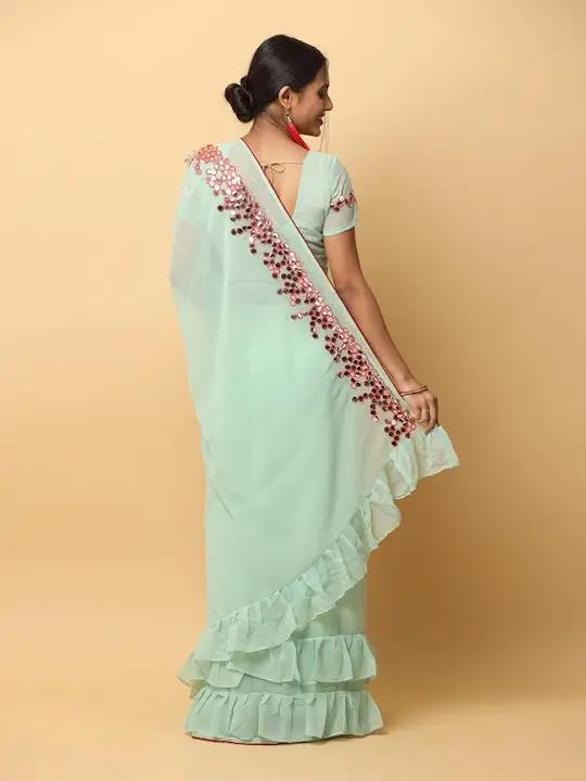 Mint Green Georgette Ruffle Saree with Embroidered Blouse