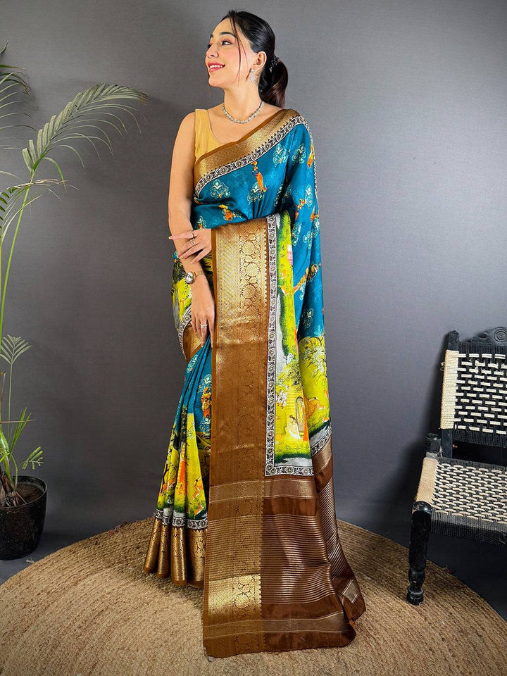 Teal & Mustard Mythological Printed Silk Saree with Rich Brown Zari Pallu