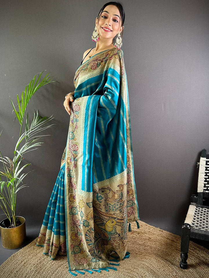 Teal Blue Printed Linen Silk Saree with Madhubani Art Pallu & Tassels