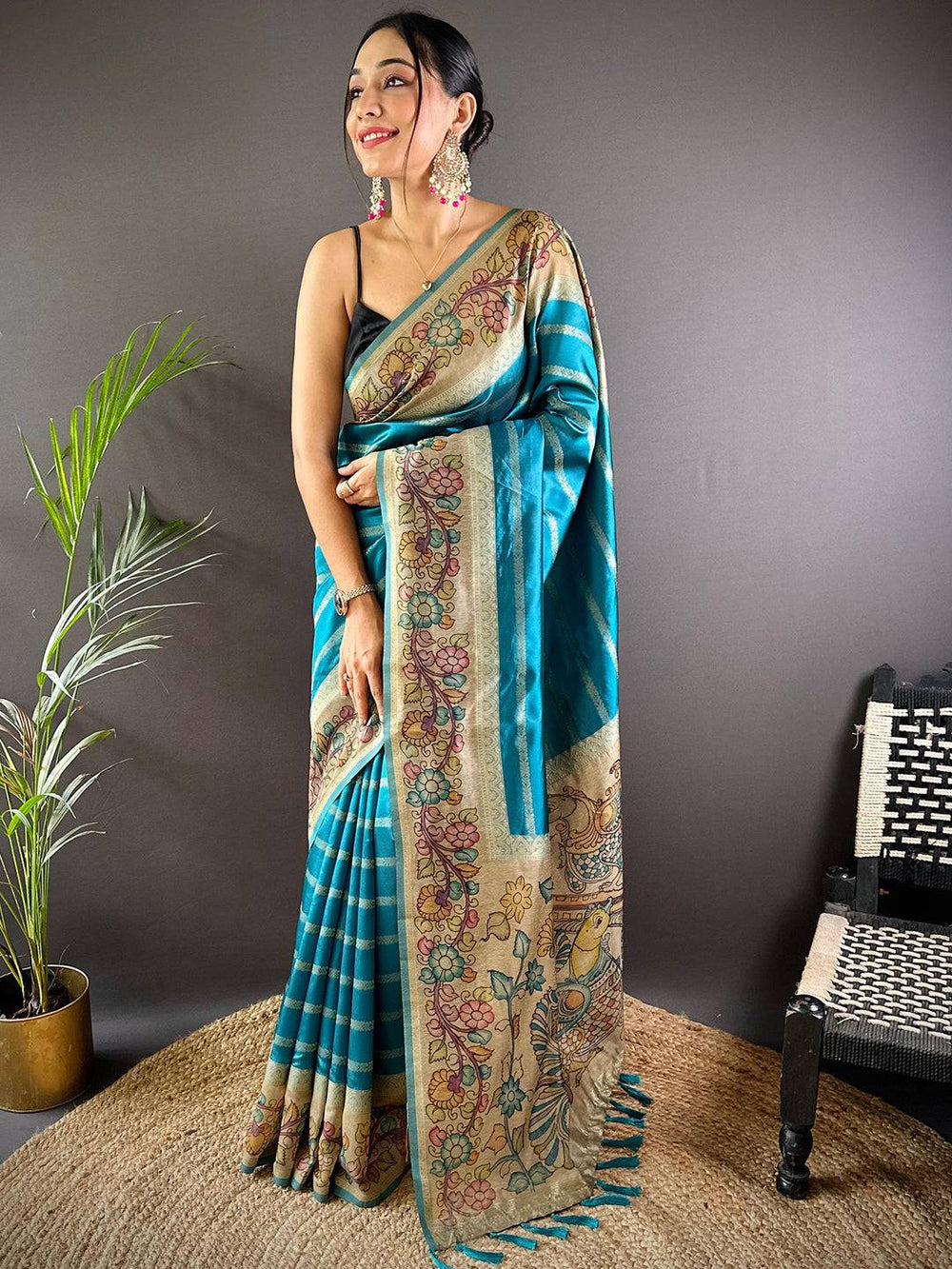 Teal Blue Printed Linen Silk Saree with Madhubani Art Pallu & Tassels