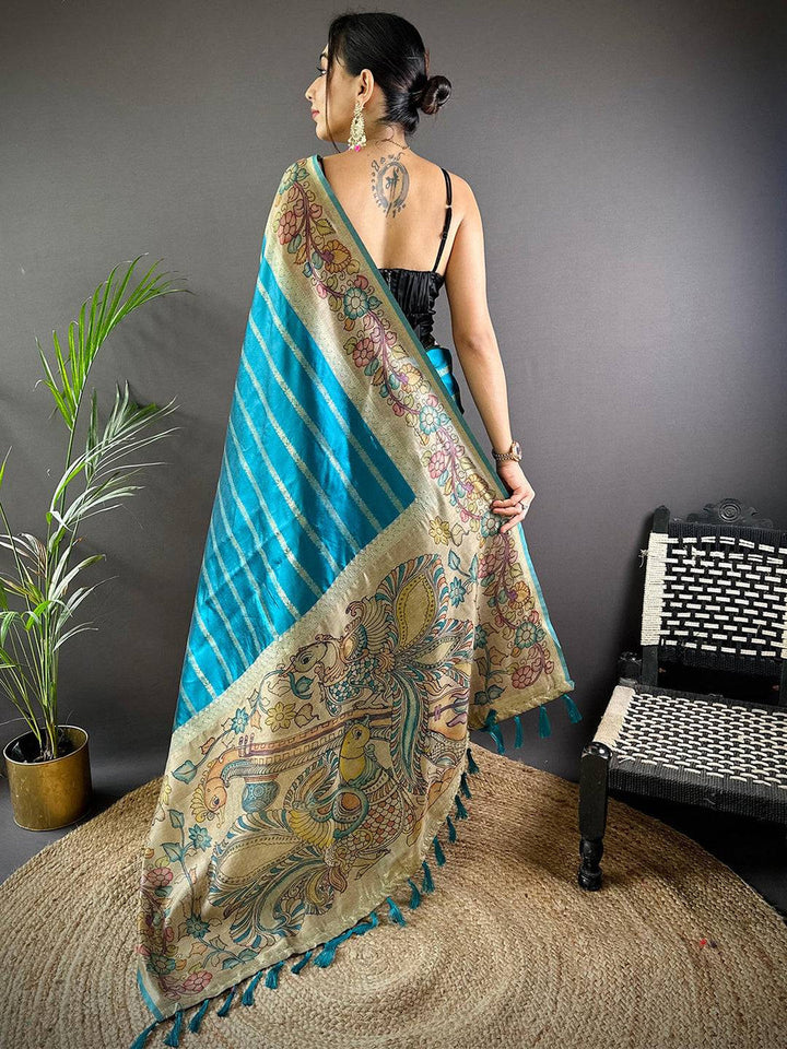 Teal Blue Printed Linen Silk Saree with Madhubani Art Pallu & Tassels