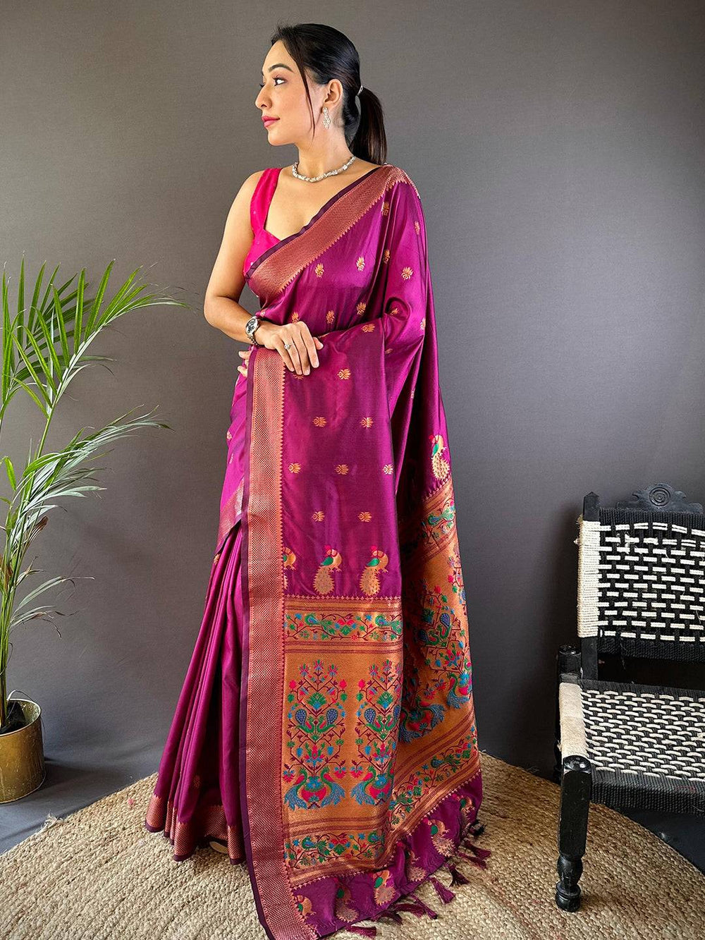 Magenta Banarasi Silk Saree with Peacock Weaving Border & Tassels