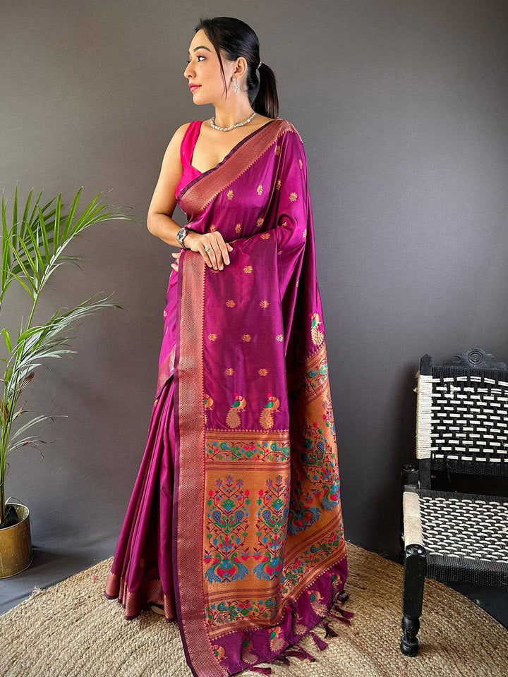 Magenta Banarasi Silk Saree with Peacock Weaving Border & Tassels