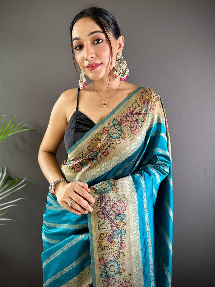 Teal Blue Printed Linen Silk Saree with Madhubani Art Pallu & Tassels