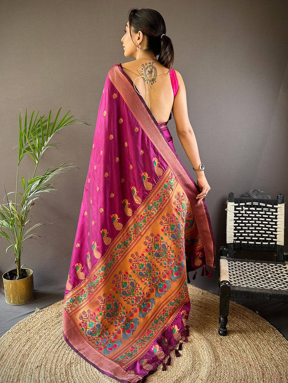 Magenta Banarasi Silk Saree with Peacock Weaving Border & Tassels