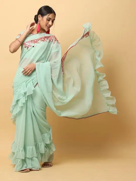 Mint Green Georgette Ruffle Saree with Embroidered Blouse