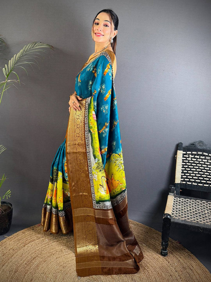 Teal & Mustard Mythological Printed Silk Saree with Rich Brown Zari Pallu