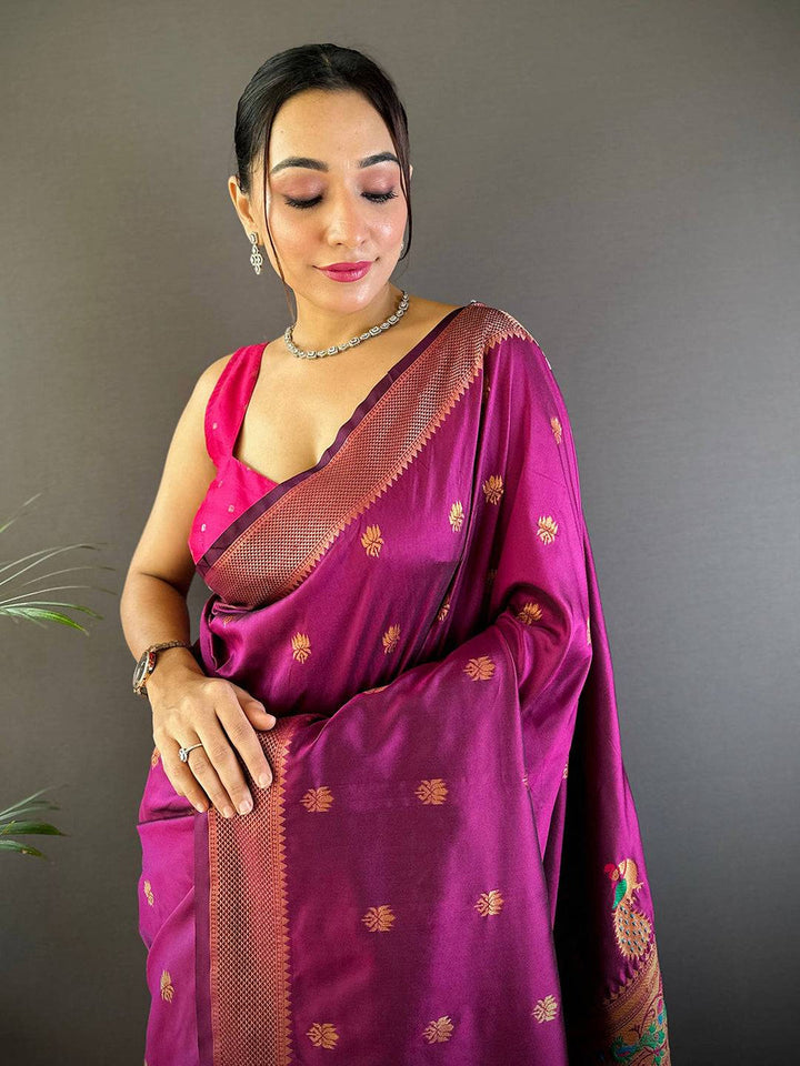 Magenta Banarasi Silk Saree with Peacock Weaving Border & Tassels