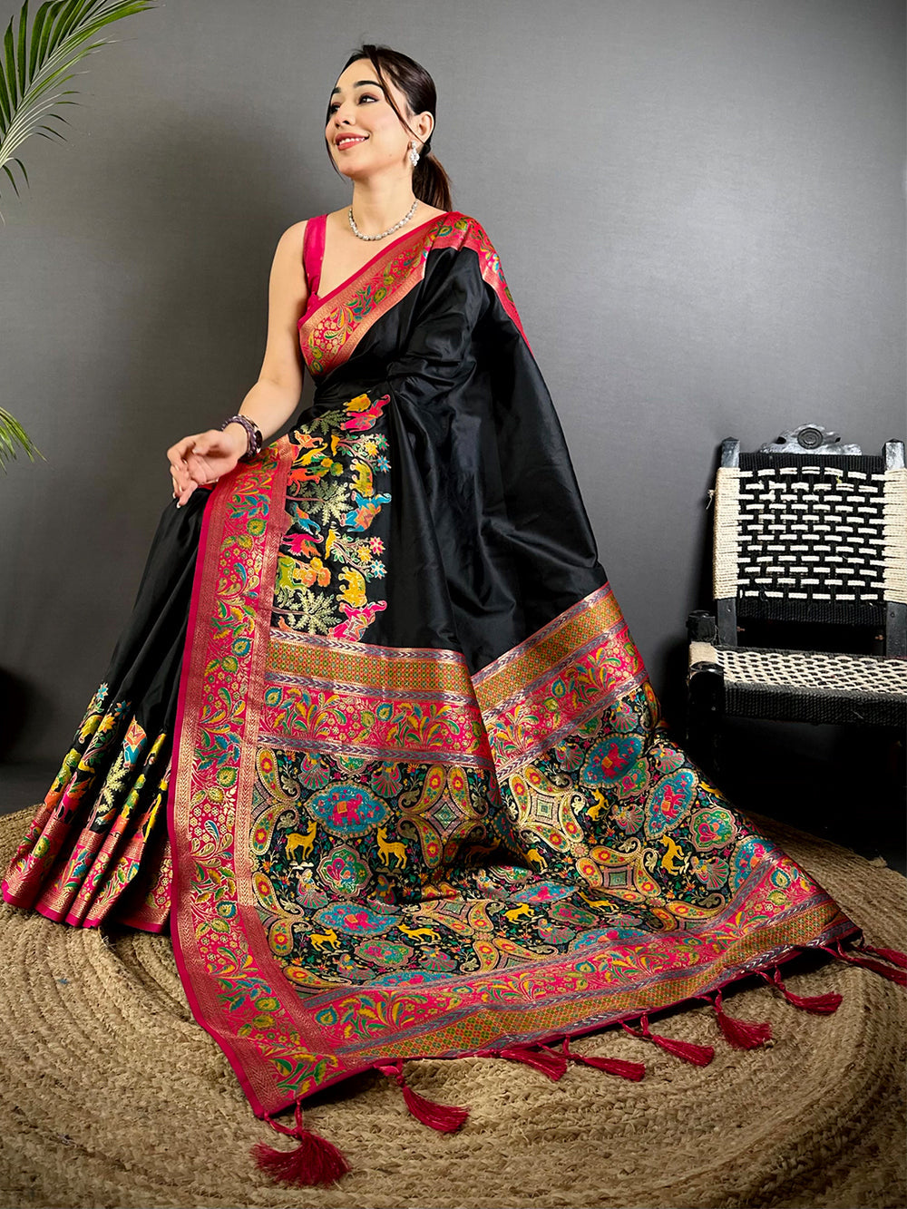 Black Soft Silk Saree with Multicolor Meenakari Print & Pink Zari Border
