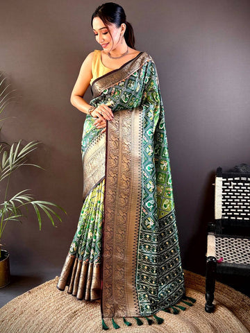 Green Patola Print Banarasi Silk Saree with Zari Border & Tassels
