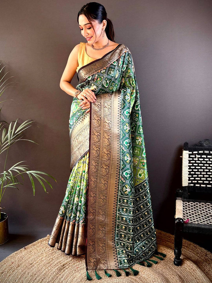 Green Patola Print Banarasi Silk Saree with Zari Border & Tassels