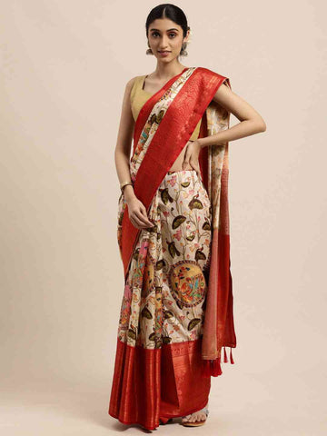 Red Soft Silk Saree with Artistic Multi-Color Madhubani Print & Jacquard Woven Border