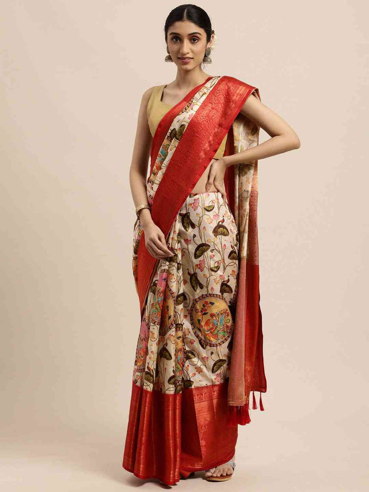Red Soft Silk Saree with Artistic Multi-Color Madhubani Print & Jacquard Woven Border