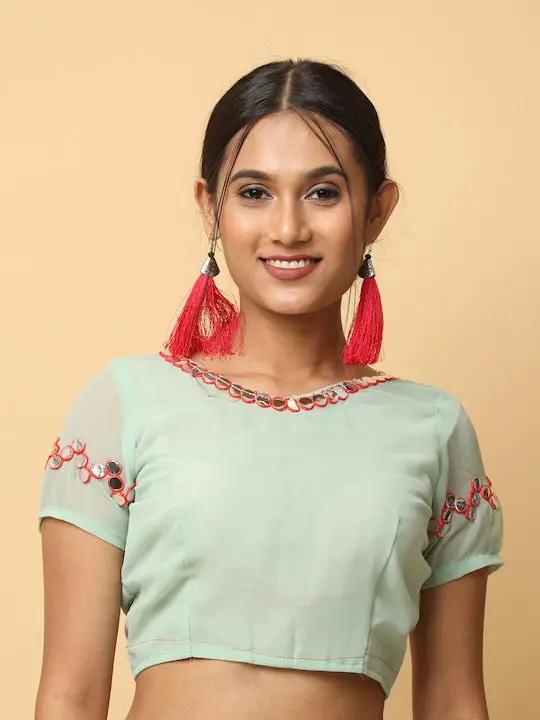 Mint Green Georgette Ruffle Saree with Embroidered Blouse
