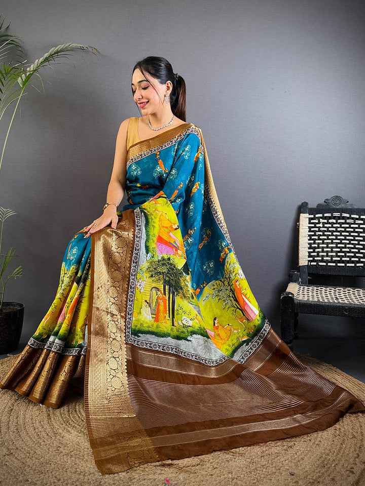 Teal & Mustard Mythological Printed Silk Saree with Rich Brown Zari Pallu