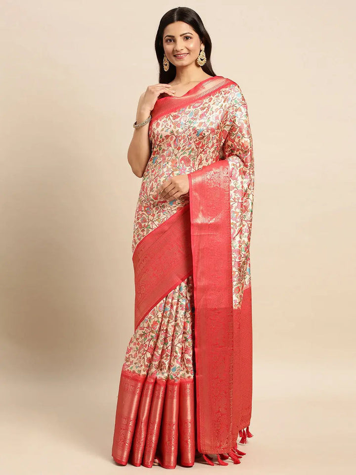 Red Soft Silk Saree with All Over Multi Color Floral Weaving & Rich Zari Border