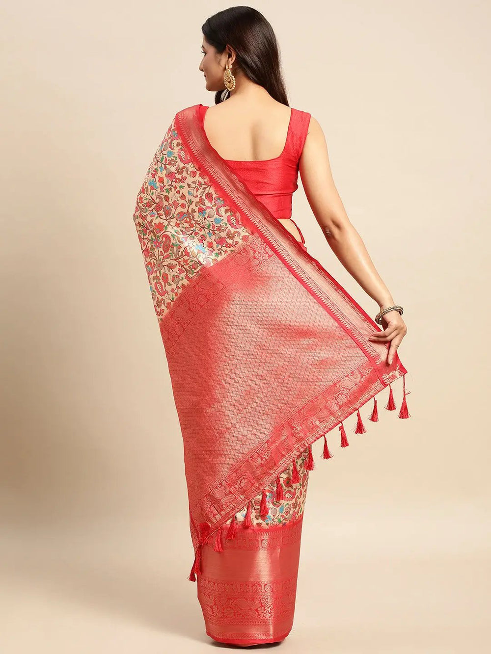 Red Soft Silk Saree with All Over Multi Color Floral Weaving & Rich Zari Border