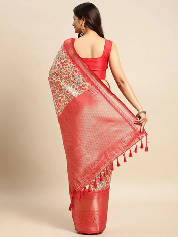Red Soft Silk Saree with All Over Multi Color Floral Weaving & Rich Zari Border
