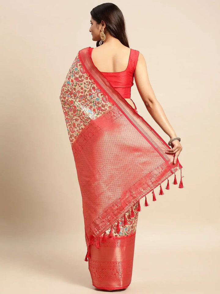 Red Soft Silk Saree with All Over Multi Color Floral Weaving & Rich Zari Border