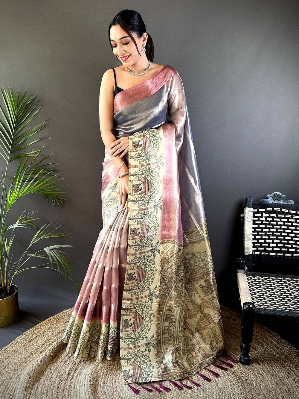 Grey & Pink Linen Silk Saree with Ethnic Temple Print Pallu & Tassels