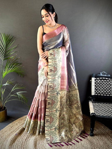 Grey & Pink Linen Silk Saree with Ethnic Temple Print Pallu & Tassels