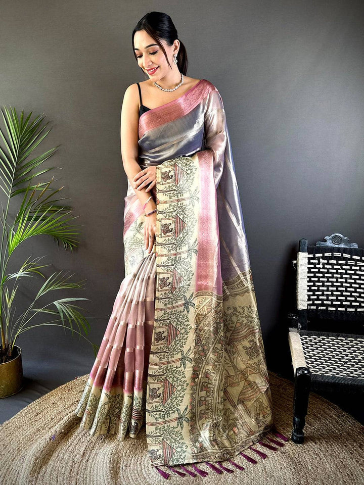 Grey & Pink Linen Silk Saree with Ethnic Temple Print Pallu & Tassels