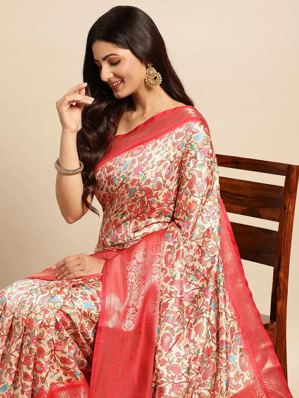 Red Soft Silk Saree with All Over Multi Color Floral Weaving & Rich Zari Border