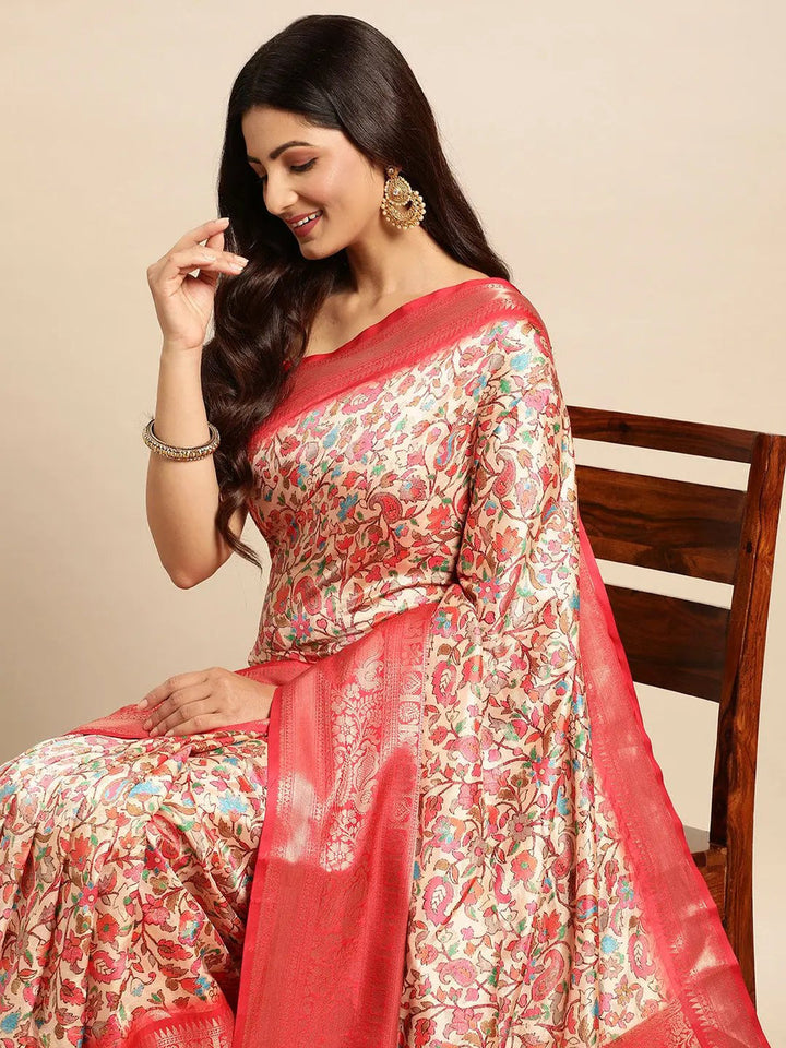 Red Soft Silk Saree with All Over Multi Color Floral Weaving & Rich Zari Border